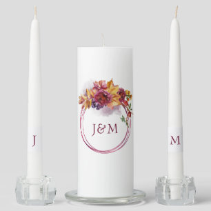 Burgundy Watercolor Fall Bouquet Elegant Wedding Unity Candle Set