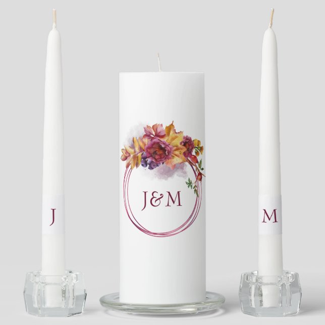 Burgundy Watercolor Fall Bouquet Elegant Wedding Unity Candle Set (Front)