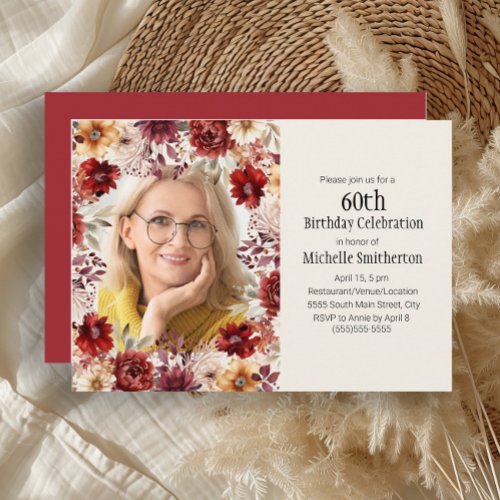 Burgundy Watercolor Floral 60th Birthday Photo Invitation