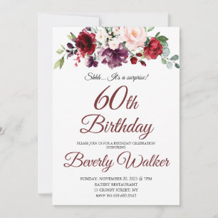 Burgundy Watercolor Floral 60th Surprise Birthday Invitation