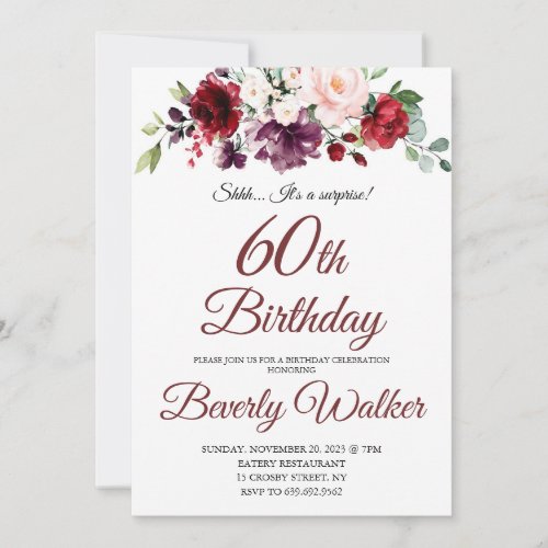 Burgundy Watercolor Floral 60th Surprise Birthday  Invitation