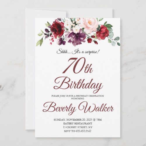 Burgundy Watercolor Floral 70th Surprise Birthday  Invitation