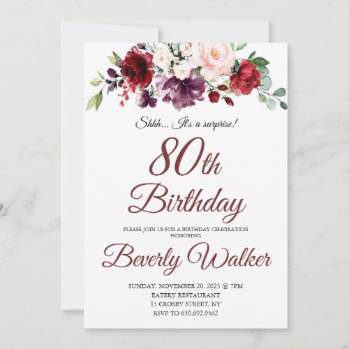 Burgundy Watercolor Floral 80th Surprise Birthday  Invitation