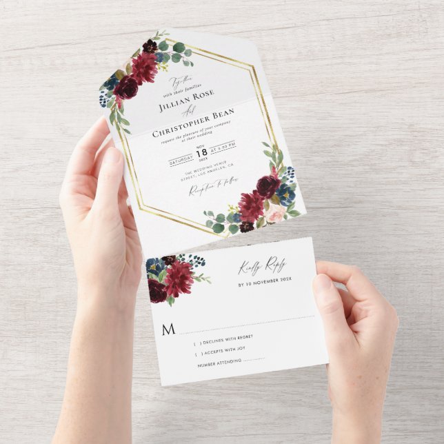 burgundy watercolor floral  all in one invitation (Tearaway)