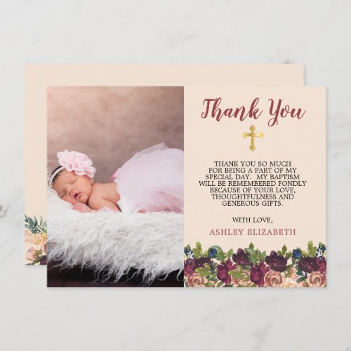 Burgundy Watercolor Floral Baby Girl Baptism Thank You Card