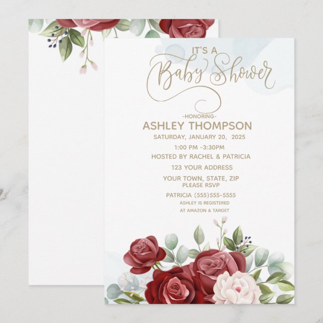 Burgundy Watercolor Floral Baby Shower     Invitation (Front/Back)