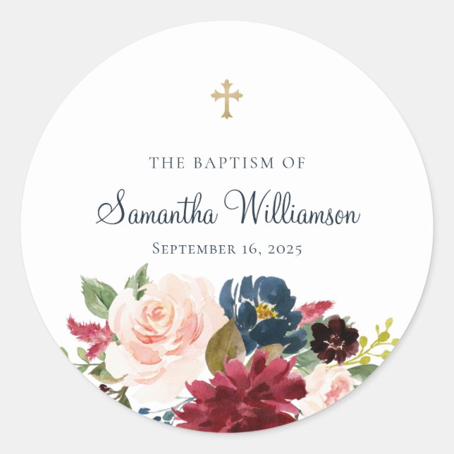 Burgundy Watercolor Floral Baptism Classic Round Sticker (Front)