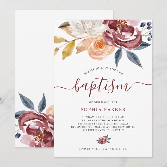 Burgundy Watercolor Floral | Baptism Invitation (Front/Back)