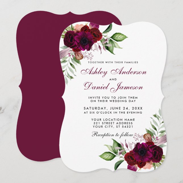 Burgundy Watercolor Floral Boho Wedding B Invitation (Front/Back)