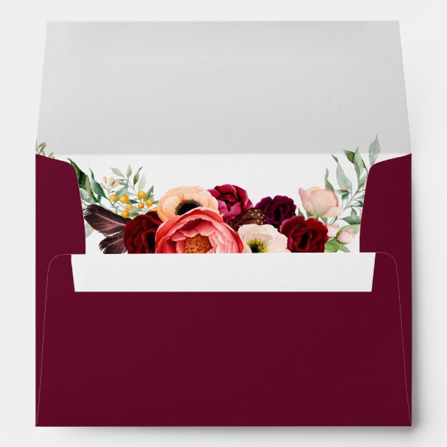 Burgundy Watercolor Floral Boho Wedding Invitation Envelope (Back (Bottom))