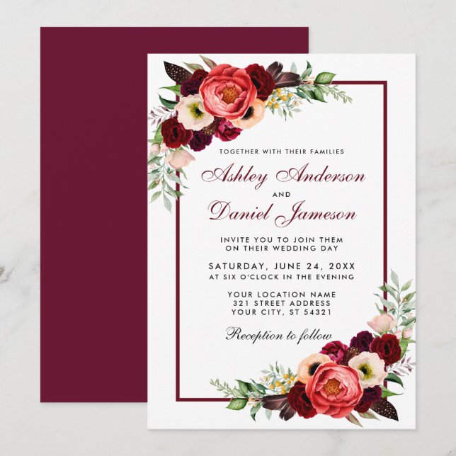 Burgundy Watercolor Floral Boho Wedding Invite (Front/Back)