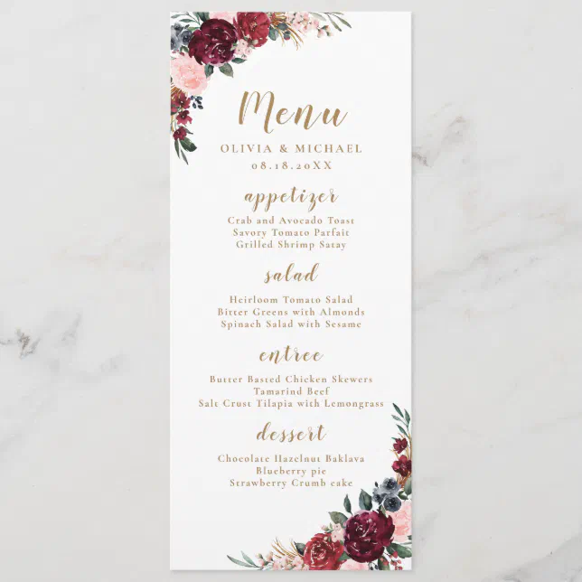 Burgundy Watercolor Floral Boho Wedding Menu Zazzle