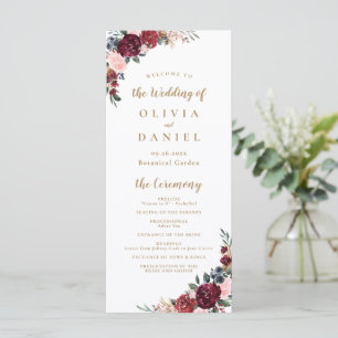Burgundy watercolor floral boho wedding program