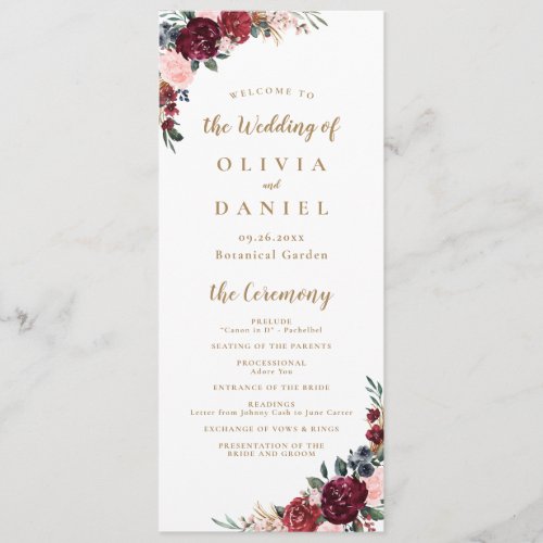 Burgundy watercolor floral boho wedding program