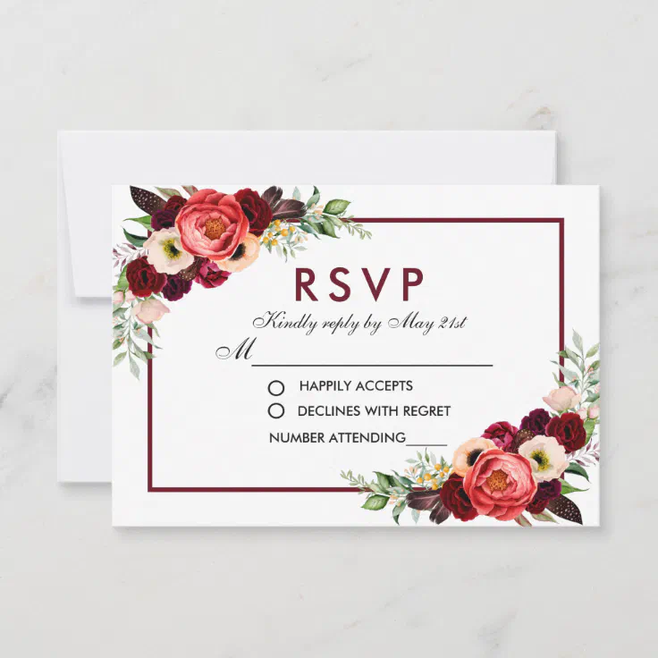 Burgundy Watercolor Floral Boho Wedding Rsvp Zazzle