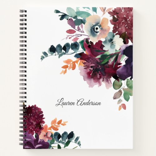 Burgundy Watercolor Floral Bouquets with Your Name Notebook