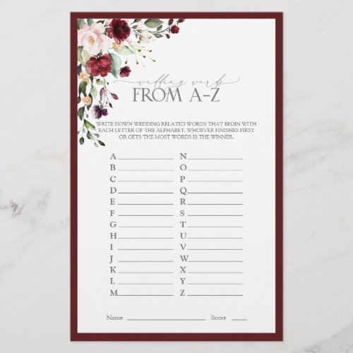 Burgundy Watercolor Floral Bridal Shower Game