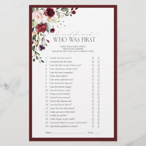 Burgundy Watercolor Floral Bridal Shower Game