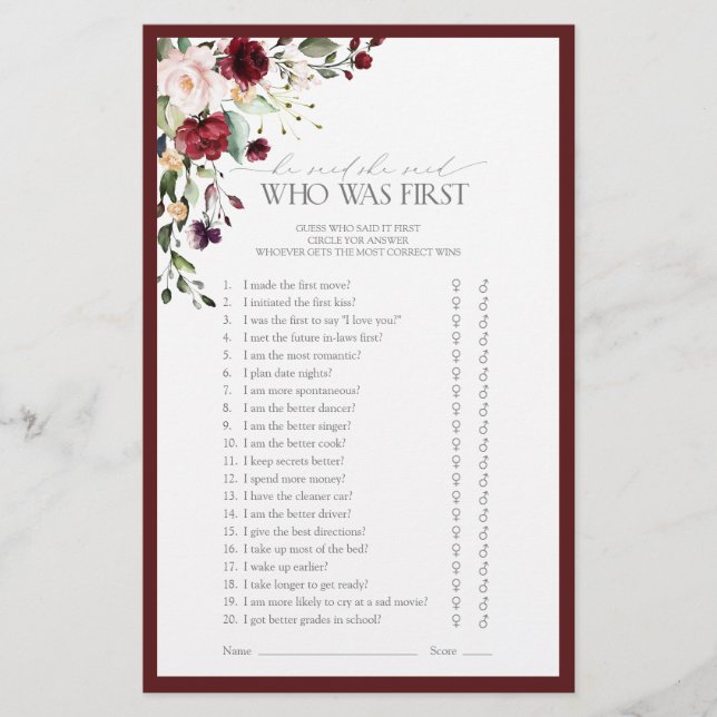 Burgundy Watercolor Floral Bridal Shower Game (Front)