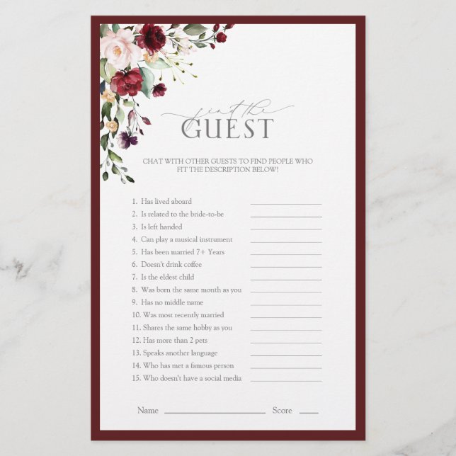 Burgundy Watercolor Floral Bridal Shower Game (Front)