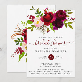 Burgundy Watercolor Floral Bridal Shower Invitatio Invitation