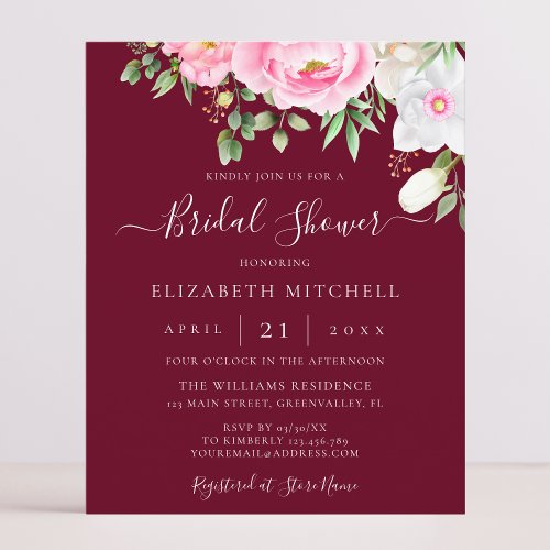 Burgundy Watercolor Floral Bridal Shower Invite