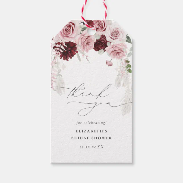 Burgundy Watercolor Floral Bridal Shower Thank you Gift Tags | Zazzle
