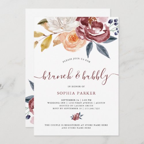 Burgundy Watercolor Floral  Brunch and Bubbly Invitation
