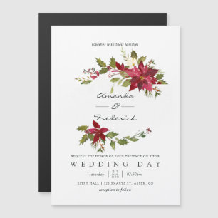 Burgundy Watercolor Floral Christmas Wedding Magnetic Invitation