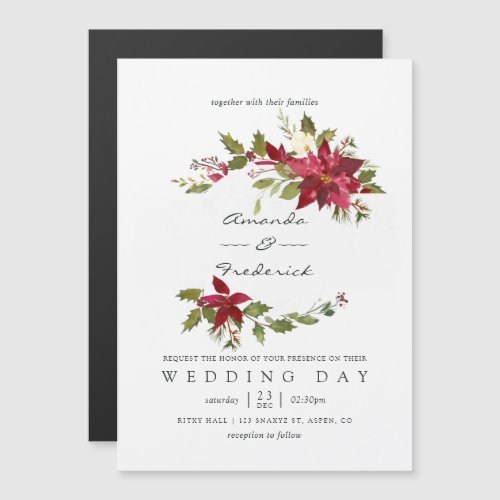 Burgundy Watercolor Floral Christmas Wedding Magnetic Invitation
