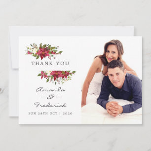 Burgundy Watercolor Floral Christmas Wedding Thank You Card