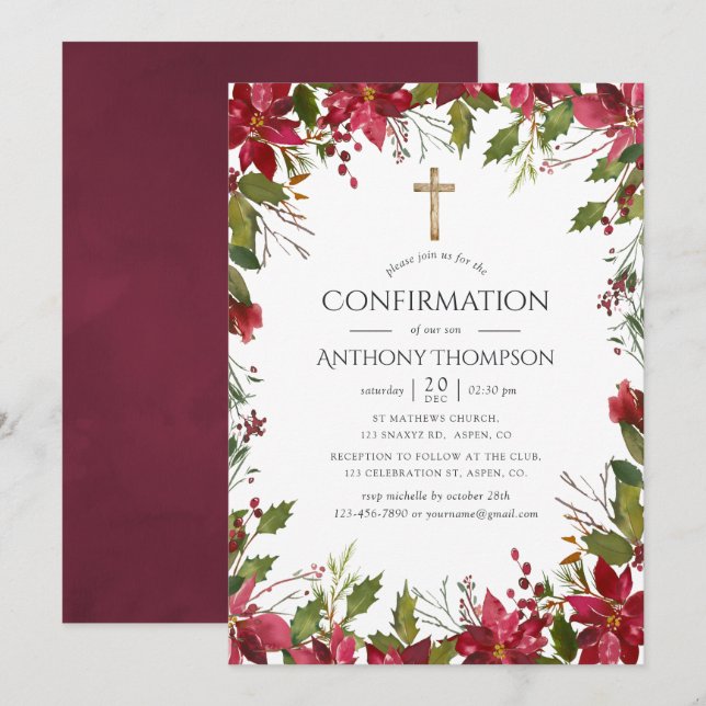 Burgundy Watercolor Floral Confirmation Invitation (Front/Back)