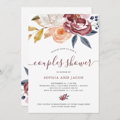 Burgundy Watercolor Floral  Couples Shower Invitation