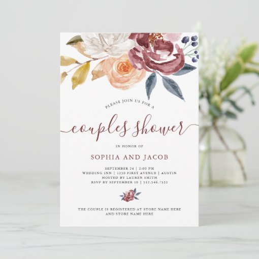 Burgundy Watercolor Floral | Couples Shower Invitation | Zazzle