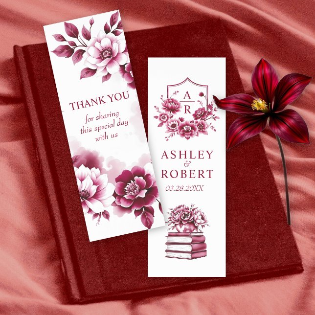 Burgundy watercolor floral crest Thank you wedding Bookmarks (Creator Uploaded)