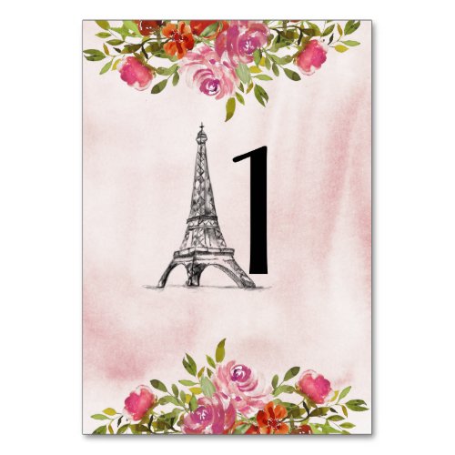 Burgundy Watercolor Floral Eiffel Tower Table Number