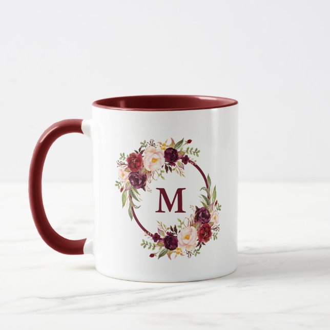 Burgundy Watercolor Floral Elegant Monogram Mug (Left)