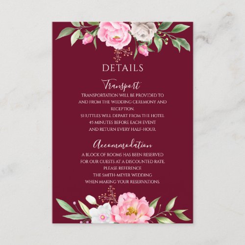 Burgundy Watercolor Floral Elegant Wedding Details Enclosure Card
