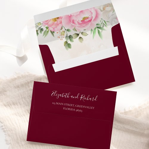 Burgundy Watercolor Floral Elegant Wedding Envelope