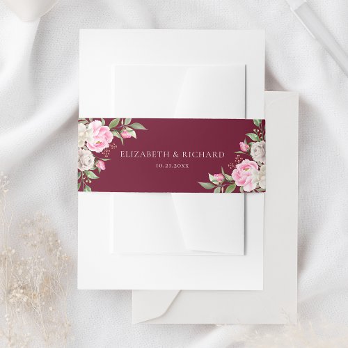 Burgundy Watercolor Floral Elegant Wedding Invitation Belly Band