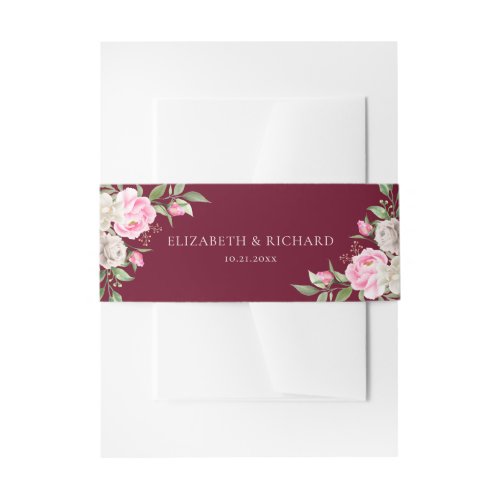 Burgundy Watercolor Floral Elegant Wedding Invitation Belly Band