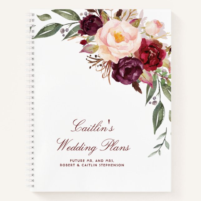 Burgundy Watercolor Floral Elegant Wedding Notebook (Front)