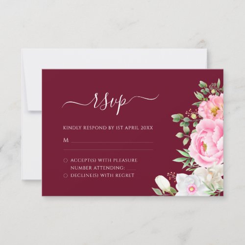 Burgundy Watercolor Floral Elegant Wedding RSVP Card