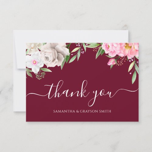 Burgundy Watercolor Floral Elegant Wedding Thank You Card