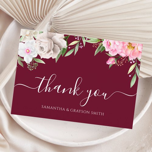 Burgundy Watercolor Floral Elegant Wedding Thank You Card