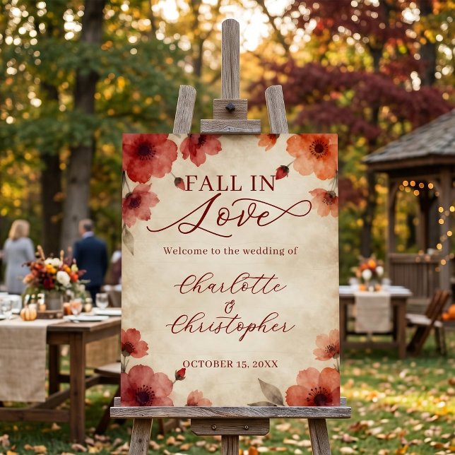 Burgundy Watercolor Floral Fall In Love Wedding Foam Board (Creator Uploaded)