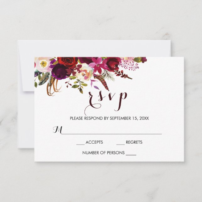 Burgundy Watercolor Floral Fall Wedding RSVP Card (Front)