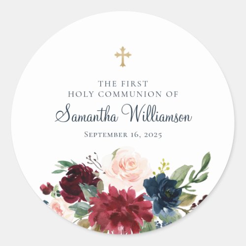 Burgundy Watercolor Floral First Holy Communion Classic Round Sticker