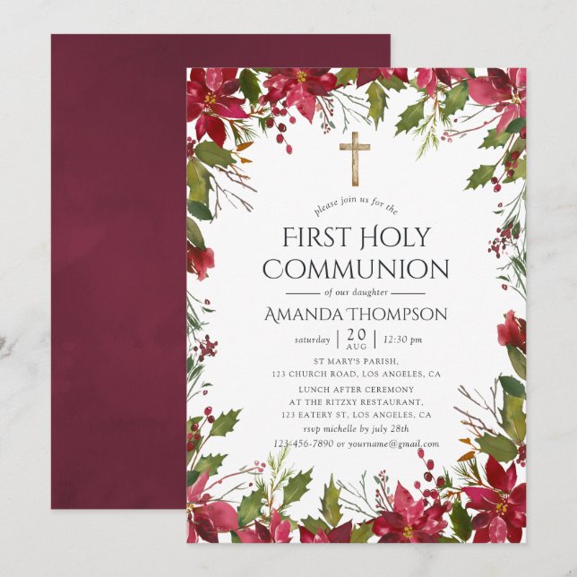 Burgundy Watercolor Floral First Holy Communion Invitation (Front/Back)