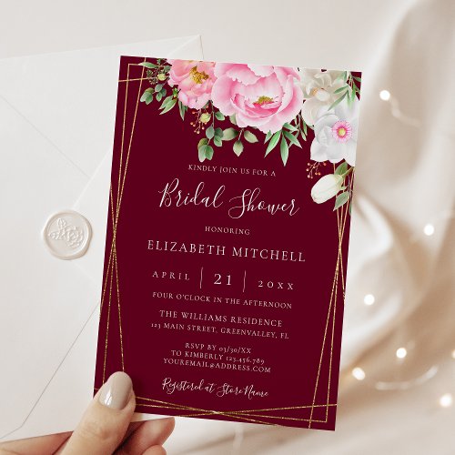 Burgundy Watercolor Floral Geometric Bridal Shower Invitation
